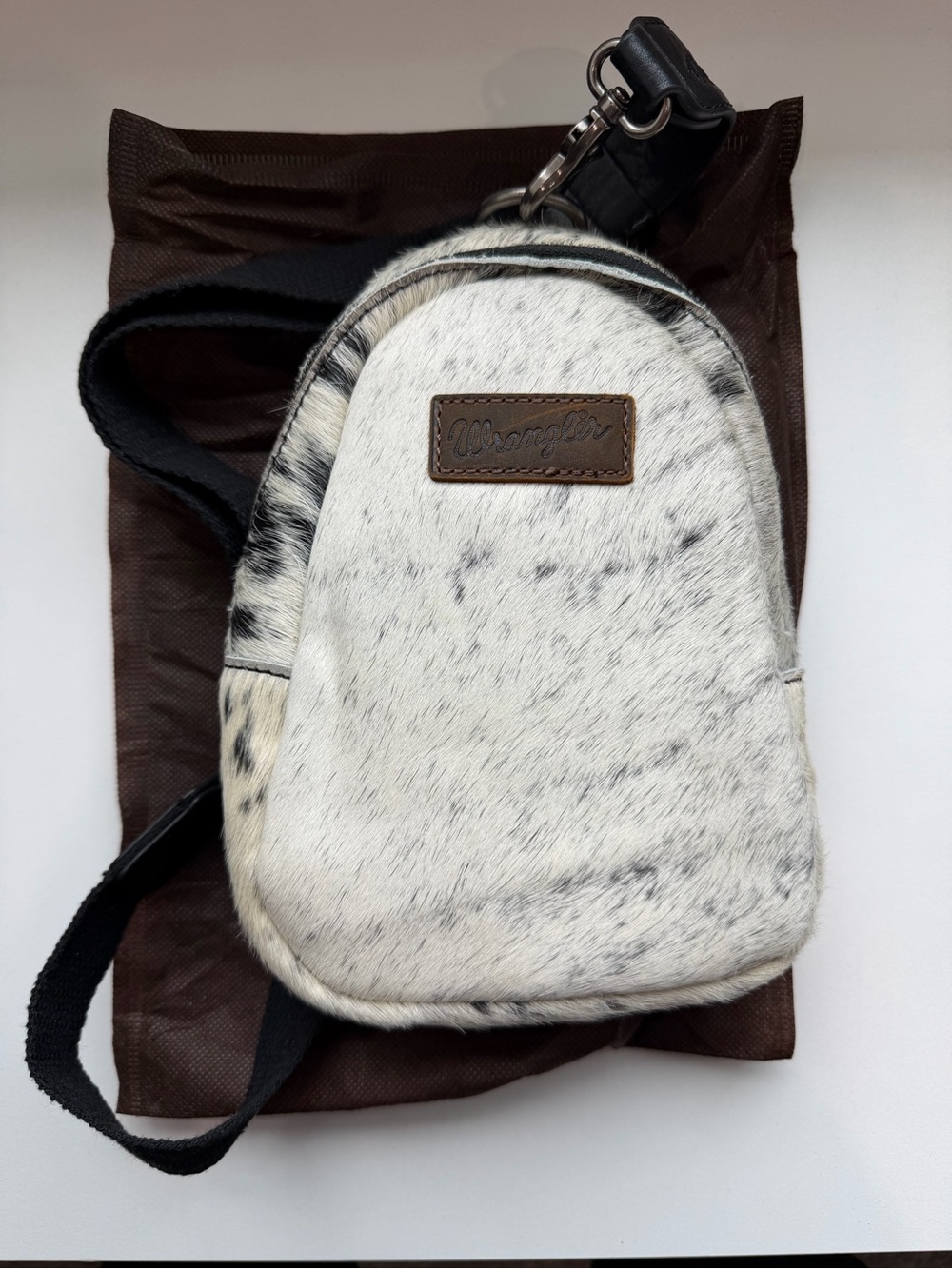 Wrangler White Speckled Haircalf Sling Belt Bag with Brown Trim
